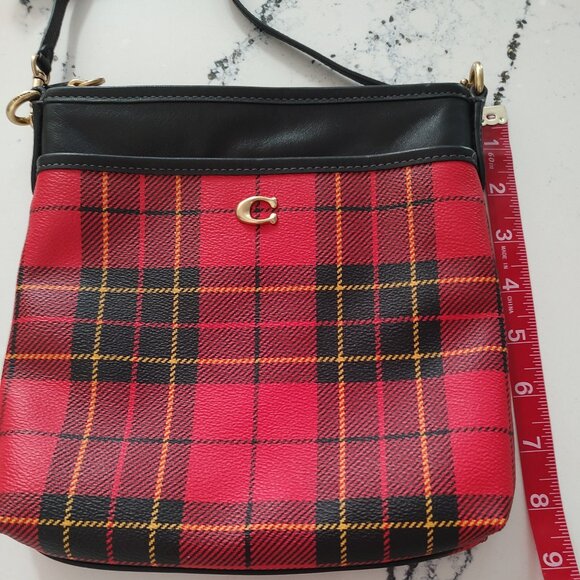 Coach Kitt Messenger Crossbody Bag Red/Black/Yellow Plaid - Picture 7 of 7